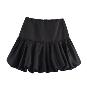 Black Satin Short Skirt Ruffle Hem Puffy A-Line High Waist French Style Sexy Sweet Mini Bottoms Women