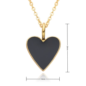 Detailed view of heart pendant necklace measuring 20mm by 14mm in 14K gold and black enamel