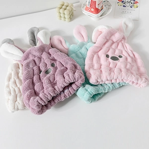 Hair Drying Cap Thick Coral Fleece Quick Dry Absorbent Rabbit Ears Cartoon For Kids Microfiber Waffle Texture