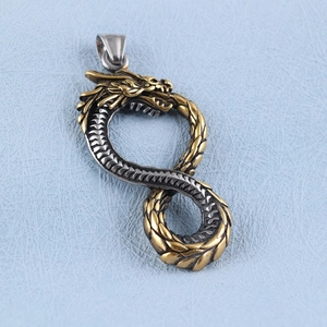 Vintage stainless steel dragon pendant in antique silver and bronze infinity shape