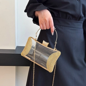 Chic transparent acrylic evening bag with sparkling rhinestones and golden chain strap