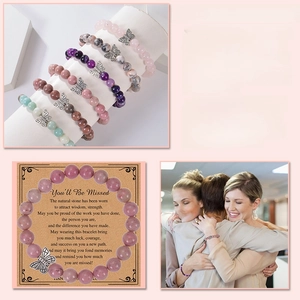Pink zebra stone bracelet with butterfly charm and graduation message card gift set