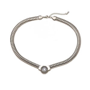 Polished silver cuboid chain necklace with hexagonal zircon pendant on white backdrop