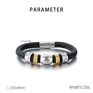 Vue détaillée du bracelet en cuir tressé avec anneaux métalliques et dimensions du fermoir