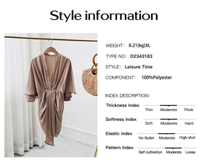 Detailed style information chart for elegant khaki polyester dress with size and fabric specs