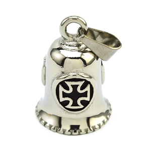 Vintage stainless steel motorcycle guardian bell pendant with black Iron Cross emblem