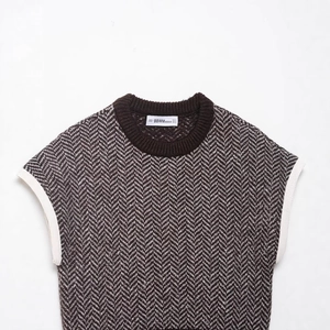 Classic herringbone knit sweater vest in dark brown and beige with ribbed crew neck