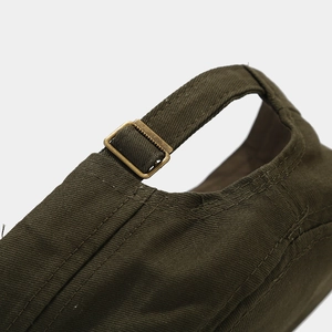 Adjustable dark green military cap back view with bronze metal buckle and canvas strap