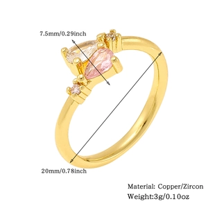 Detailed size chart for gold plated ring with pear cut zircons and copper material specs