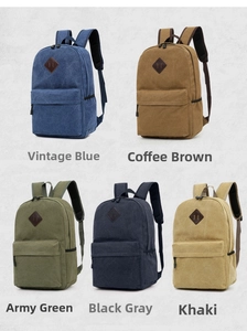 Grid view showing five retro canvas backpacks in blue, coffee, green, grey, and khaki