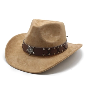 Western Cowboy Hat Suede Retro Wide Brim Fedora With Star Badge Rivets Ethnic Vintage Style For Men Women