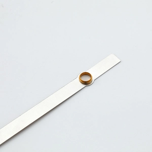 Brushed aluminum quartz clock hands in rose gold finish with central brass bushing
