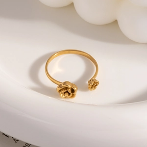 Gold stainless steel open ring featuring a minimalist double rose flower design for women