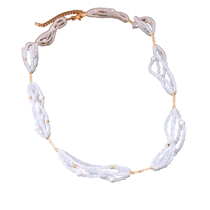 Adjustable multi-layer glass pearl beaded necklace with gold chain for women