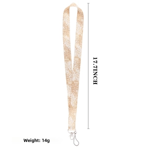 Detail of marble pattern lanyard with silver lobster clasp and 17.7-inch length dimension