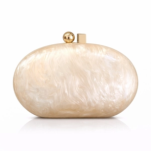 Elegant acrylic pearl marble evening clutch bag with gold spherical clasp and shell texture