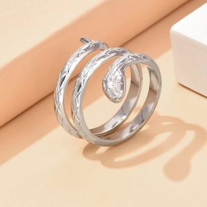 Punk style silver titanium steel snake wrap ring featuring detailed scale texture