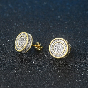 Hip-hop gold plated round stud earrings with pave set micro cubic zirconia stones