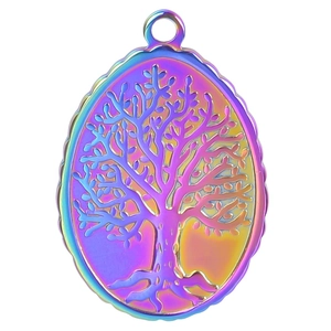 Rainbow plated stainless steel oval tree of life pendant necklace for women