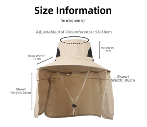 Detailed size chart for sun protection hat showing brim, crown, and neck flap measurements