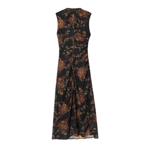 Ärmelloses Blumenkleid in Schwarz mit Vintage-Druck von der Rückseite gezeigt