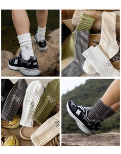 Detailed knit texture of thick cotton crew socks in vintage earthy tones for outdoors