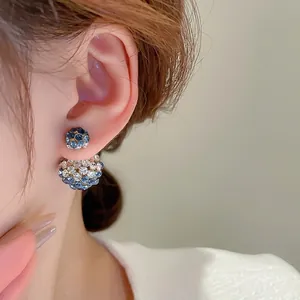 Blau-weiße Kristall-Doppelkugel-Ohrringe mit Silbernadeln für einen luxuriösen Look