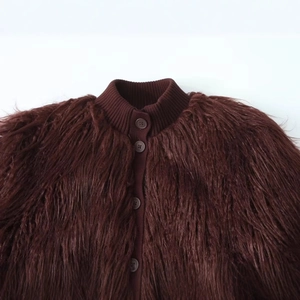Brown faux fur knit cardigan with ribbed stand collar and single-breasted buttons