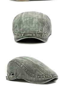 Macro detail of washed denim ivy cap with herringbone texture and metal side buckle