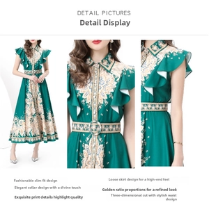 Detail of vintage palace style dress showing refined collar, floral print, and waist belt