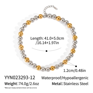 Detail showing two-tone gold and silver beaded necklace with dimensions and material specs