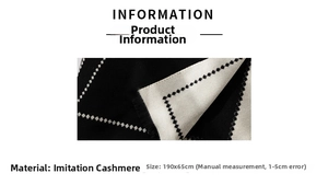 Detail of black and white checkered faux cashmere scarf with fringe and 190x65cm specs