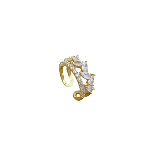 Adjustable gold teardrop ring with round and marquise-cut zircon stones on white background