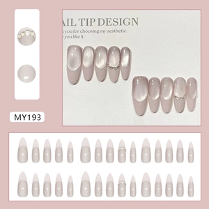 Pink French cat-eye press-on nails with almond shape, gradient glitter and pearl accents