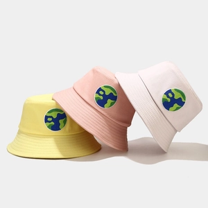 Colorful macaron cotton bucket hats with world map embroidery for outdoor sun protection