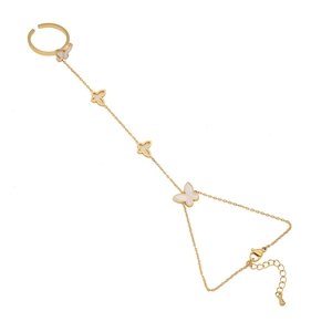 Gold stainless steel butterfly finger bracelet with white butterfly charms and adjustable ring