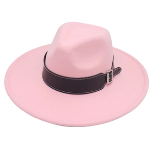 Detail of light pink wool fedora hat featuring a black leather band with silver buckle