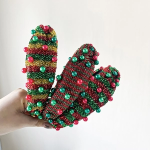 Christmas rhinestone pearl headband with festive red and green glitter fabric wrap