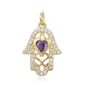 Gold Hamsa Hand pendant with a purple heart crystal and white zircon border detail