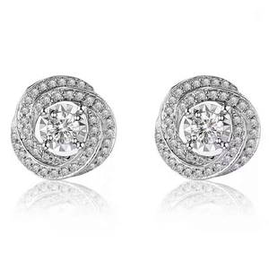 Elegant silver rose stud earrings with a central crystal and pave set diamond accents