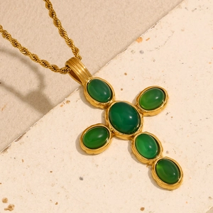 Vintage 18K gold plated stainless steel necklace with green gemstone cross pendant