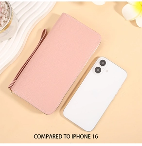 Pink lychee texture long zipper wallet with wristlet compared to iPhone 16 size