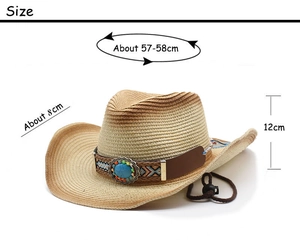 Détail du chapeau de cowboy en paille avec bande de perles turquoise et guide des tailles