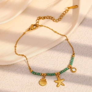 Ocean Starfish Shell Bracelet Stainless Steel 18K Gold Plated Green Natural Stone Beads Summer Style For Women