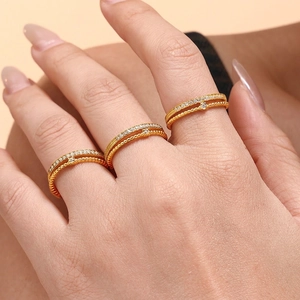 Anello Regolabile in Acciaio al Titanio Placcato Oro 18K Stile Ins Per Donna Scintillante Zirconia Geometrico Perline Gioielli