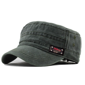 Detail of dark green cotton canvas cadet cap with side metal plate and red logo