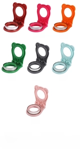 Detailed view of 7 colorful bear-shaped sandwich cutters with stainless steel rings