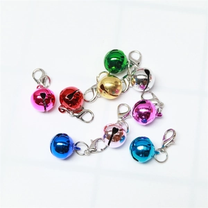 Set of 8 colorful metal pet collar bells with silver lobster clasps on white grid background