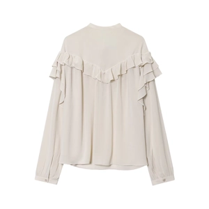 Elegant off-white long-sleeve chiffon shirt with tiered ruffles and V-shaped trim