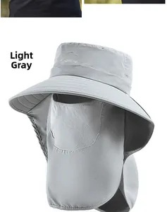 Detail of light grey outdoor sun hat with breathable face mask and neck protection cover